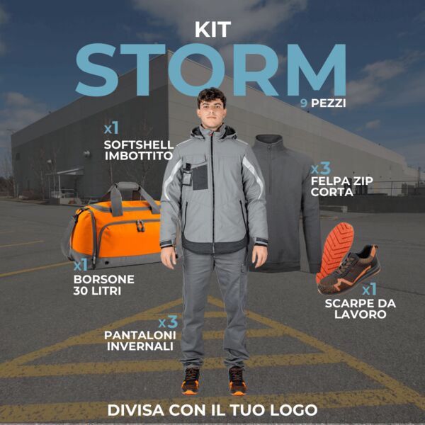 KIT STORM - KIT 9 Articoli Divisa Lavoro Invernale : 3xPantalone Invernale - 3xFelpa Zip Corta - 1xGiubbotto Imbottito Softshell -1XBorsone - 1XScarpe Lavoro Thumbnail