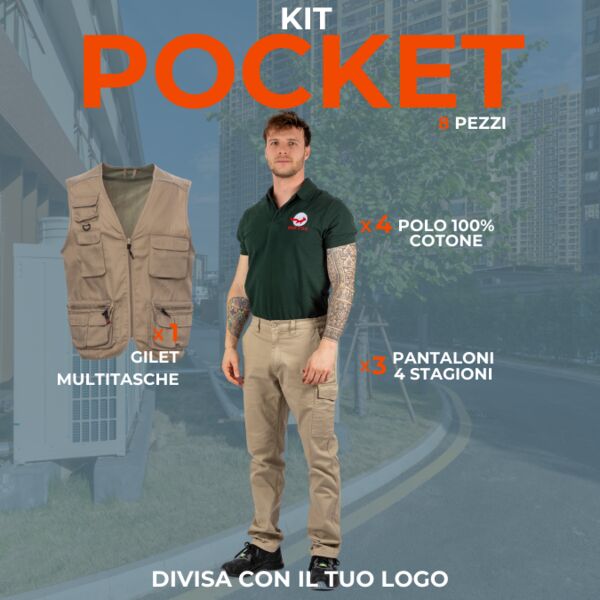 KIT POCKET - Divisa da lavoro estiva in KIT 8 Articoli: 3xPantaloni lavoro Multitasche estivi stretch - 4xMaglietta Polo- 1xGilet estivo multitasche Thumbnail