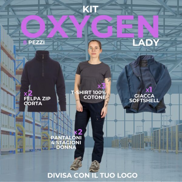 OXYGEN LADY - Divisa da lavoro donna in KIT Multistagione. 8 Articoli: 3xPantaloni Multitasche Multistagione - 3xMaglietta T-shirt - 2xFelpa Zip Corta - 1xGiacca Softshell con Cappuccio Thumbnail