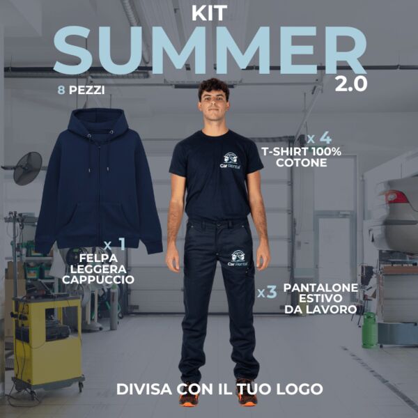 KITSUMMER 2.0 - Divisa da lavoro estiva in KIT 8 Articoli: 3xPantaloni Multitasche estivi  -4 xMaglietta T-Shirt personalizzate - 1X Felpa cappuccio e zip tessuto leggero  Thumbnail