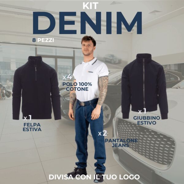 KIT DENIM - Abbigliamento lavoro 8 Articoli : 2xPantaloni Jeans - 4xPolo Bicolore - 1xFelpa Leggera Zip Corta - 1xGiubbino Estivo Thumbnail