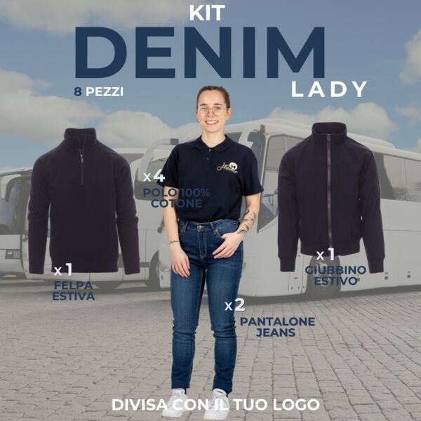 KIT DENIM LADY - Divisa donna aziendale 8 Articoli : 2xPantaloni Jeans - 4xPolo Bicolore - 1xFelpa  Zip Corta - 1xGiubbino Estivo Thumbnail