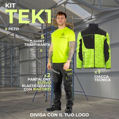 TEK 1- Divisa in KIT Multistagione 8 Articoli: 2xPantalone estivi tecnici elasticizzati con rinforzi - 5x Maglietta tecnica traspirante - 1xGiacca tecnica Thumbnail