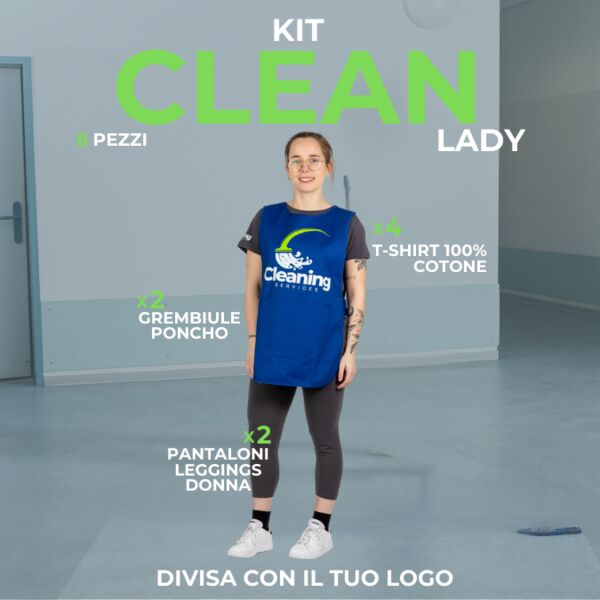 CLEAN LADY - Divisa da lavoro donna in KIT. 8 Articoli: 2xPantalone Leggings 3/4 -4x Maglietta T-shirt - 2xGrembiule Poncho multitasche Thumbnail