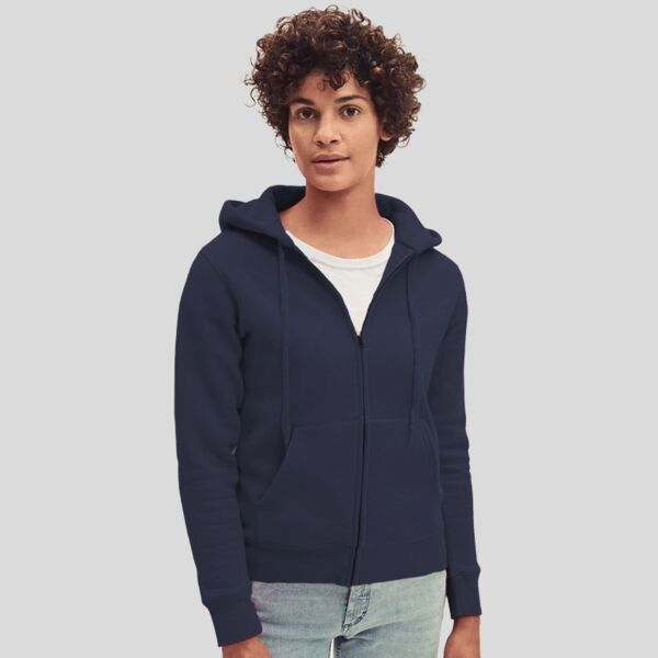 62118 Fruit of the Loom Felpa donna con cappuccio e zip lunga e marsupio  70% cotone 30% poliestere 280gr Thumbnail