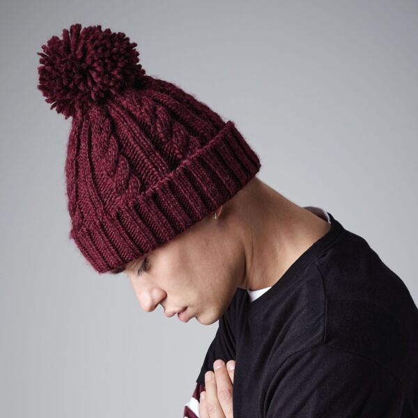 B480 Beechfield Berretto con pon pom in maglia melange in filato pesante a trecce fascia termica interna in pile 100% acrilico Soft-Touch Thumbnail
